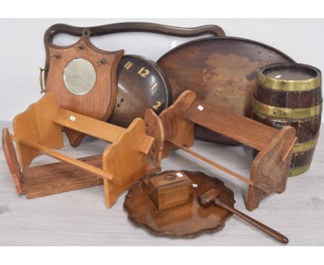 Selection of assorted treen items; to include a small coopered barrel, shield hall mirror/ hooks, carved souvenir extending b