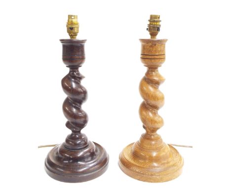 Mulberry -&nbsp;Two similar&nbsp;oak&nbsp;twist carved table lamps,&nbsp;light and dark, 15" high including fitting (2) 