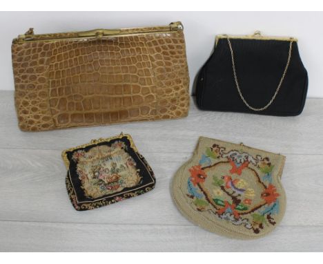Vintage croc leather handbag,&nbsp;13" wide, 8" high; together with tapestry evening bag and another black evening bag 