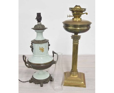 Victorian porcelain and gilt metal mounted twin-handled table lamp, 19.5" high; together with a brass Corinthian column oil l