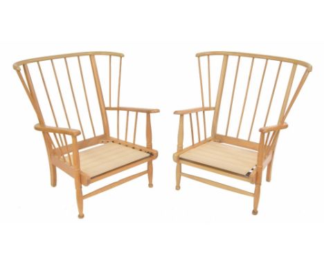 Pair of Ercol style stick back beech lounge chairs, largest 30.5" wide max, 30" deep, back 34" high (2) 