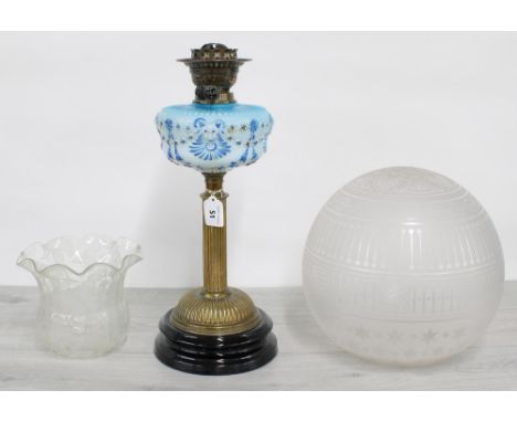 Vintage&nbsp;moulded glass and brass oil lamp with flared engraved shade, duplex, 24.5" high (at fault, repaired damage to gl
