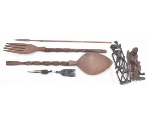 Novelty large carved fork and spoon,&nbsp;both 40" approx; together with an&nbsp;African&nbsp;carved wooden&nbsp; figure, car