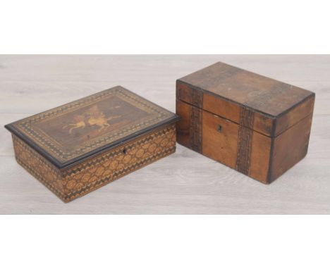 19th century Sorrento Ware inlaid box, the hinged cover with Centaur scene, 9.25" wide, 7" deep, 3" high; together with a par