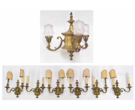 Good large Georgian style gilt three-sconce candelabra, with pressed glass shades, 23" drop, 23" across approx;&nbsp;together