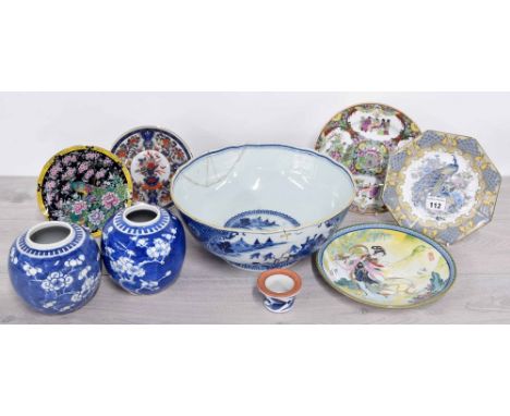 Selection of decorative Chinese and Japanese porcelain items; to include a blue and white bowl (a.f). Jingdezhen plate, two b