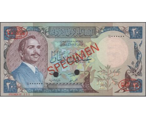 Central Bank of Jordan, specimen 20 Dinars, 1977 Second Series Emergency Issue, serial number 000000, blue print, red SPECIME