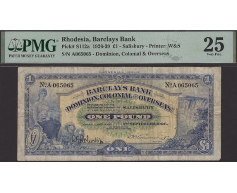 Barclays Bank (D.C.O.), Rhodesia, £1, 1 September 1926, serial number A065065, one manuscript signature, in PMG holder 25, ve