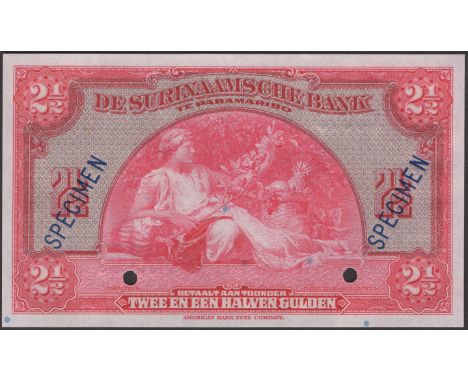 De Surinaamsche Bank, 2 1/2 Gulden, 1940, zero serial number, red print, two cancellation holes, blue SPECIMEN overprint, unc