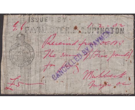 Upington Border Scouts, £5, 1 February 1902, serial number G.6, with CANCELLED BY PAYMENT handstamp across face, in excellent