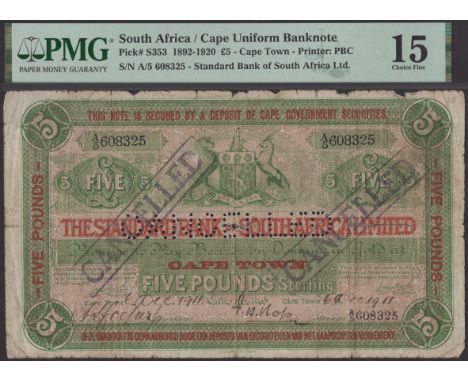 Standard Bank of British South Africa Limited, cancelled £5, manuscript date 6 December 1911, serial number A/5 608325, two m