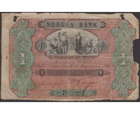 Norges Bank, 1 Speciedaler, 1875, serial number 7928891, two manuscript signatures, original paper, damage to right margin, t