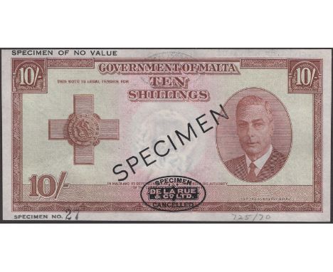 Government of Malta, specimen £1, Ordnance 1949, no serial number or signature, black SPECIMEN OVErPRINT and De La Rue seals,