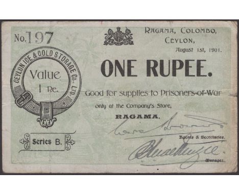 Ceylon Ice and Storage Company, Ragama, Ceylon, good for 1 Rupee, 1 August 1901, serial number 197, two manuscript signatures