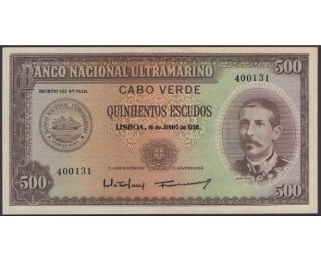 Banco Nacional Ultramarino, Cape Verde, 500 Escudos, 16 June 1958, serial number 400131, Antonio Julio de Castro Fernandes si