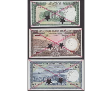 Banque de Syrie et du Liban, Lebanon, specimen 50 and 100 Livres, 1952, B 16 48098 and C24 00000, 10 Livres, 1956, U20 00000,