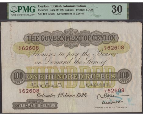 Government of Ceylon, 100 Rupees, 1 June 1926, serial number D/4 62608, Fletcher and Woods signatures, in PMG holder 30, very