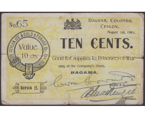Ceylon Ice and Storage Company, Ragama, Ceylon, good for 10 Cents, 1 August 1901, serial number 65, two manuscript signatures