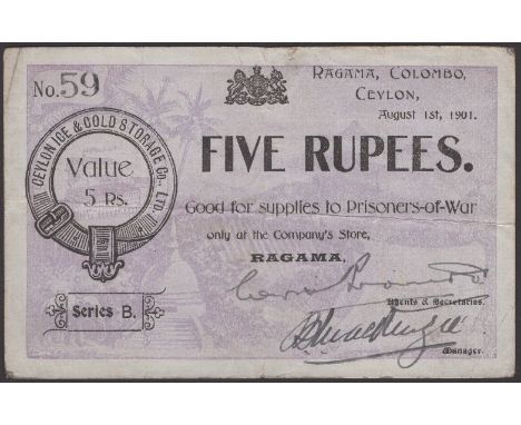 Ceylon Ice and Storage Company, Ragama, Ceylon, good for 5 Rupees, 1 August 1901, serial number 59, two manuscript signatures