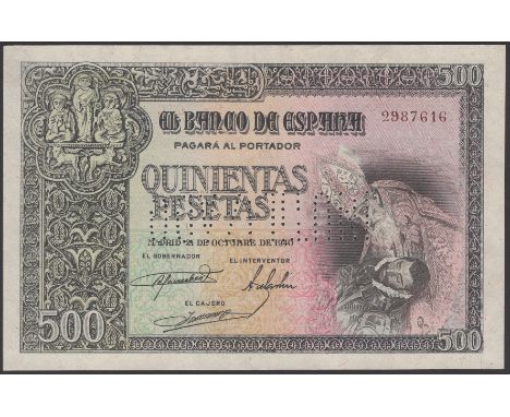 Banco de Espana, specimen 500 Pesetas, 21 October 1940, serial number 2987616, cancellation perforation, very light crinking 