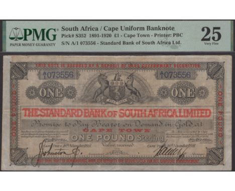 Standard Bank of British South Africa Limited, £1, printed date 16 November 1891, serial number A/1 073556, two manuscript si