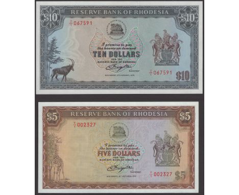 Reserve Bank of Rhodesia, replacement $5 and $10, 20 October 1978, and 2 January 1979, serial numbers Y/1 002327 and Z/1 0675