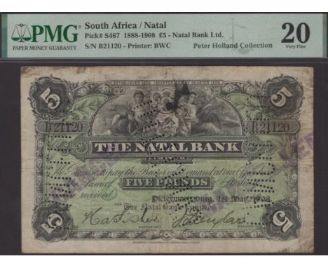 Natal Bank Limited, South Africa, cancelled £5, 1 May 1908, serial number B21120, two manuscript signatures, several CANCELLE