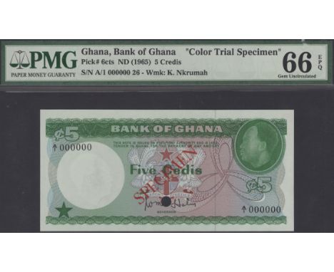 Bank of Ghana, colour trial 5 Cedis, ND (1965), serial number A/1 000000, green print, red SPECIMEN overprint, one cancellati