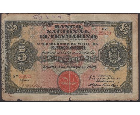 Banco Nacional Ultramarino, Mozambique, 5 Libras Esterlinas, 1 March 1909, serial number 25630, Manuel Carlos de Freitas Alzi