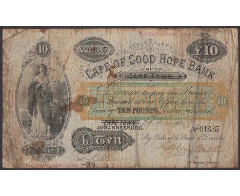 Cape of Good Hope Bank, Johannesburg/Potchefstroom Issue, £10, 29 November 1889, serial number 01835, two manuscript signatur