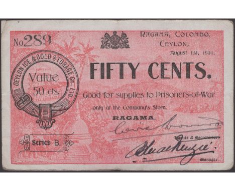 Ceylon Ice and Storage Company, Ragama, Ceylon, good for 50 Cents, 1 August 1901, serial number 289, two manuscript signature