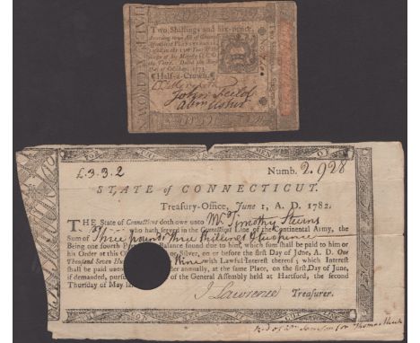 Pennsylvania, October 1773, 2 Shillings and 6 Pence, serial number 740, three manuscript signatures, and a State of Connectic