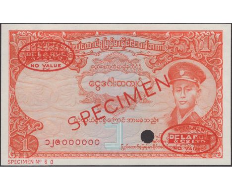 Union Bank of Burma, colour trial 1 Kyat, ND (1958), serial number 000000, orange print, one cancellation hole, red SPECIMEN 