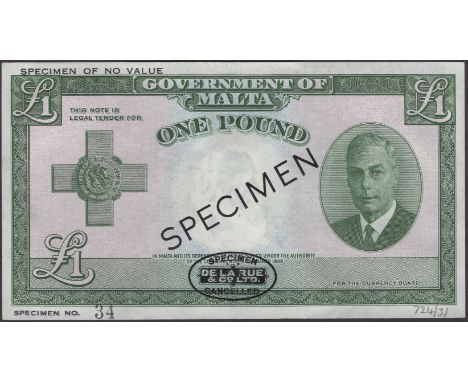Government of Malta, specimen £5, Ordnance 1949, no serial number or signature, black SPECIMEN OVErPRINT and De La Rue seals,