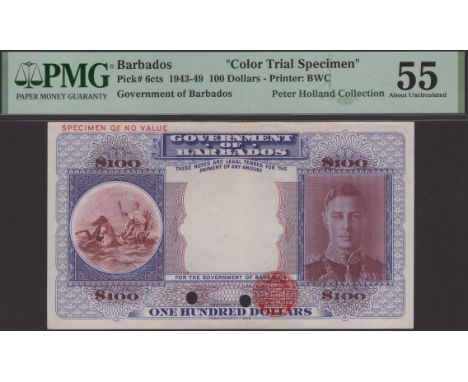 Government of Barbados, colour trial $100, ND (1943), no signatures or serial number, red Bradbury Wilkinson seal, two cancel