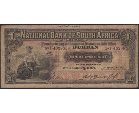 National Bank of South Africa, Natal issue, £1, Durban, 3 January 1918, serial number U402983, manuscript signature at low le