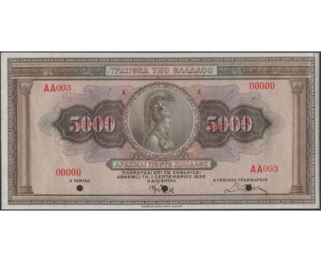 Bank of Greece, specimen 5000 Drachmai, 1932, serial number AA093 00000, three small cancellation hole, red SPECIMEN overprin