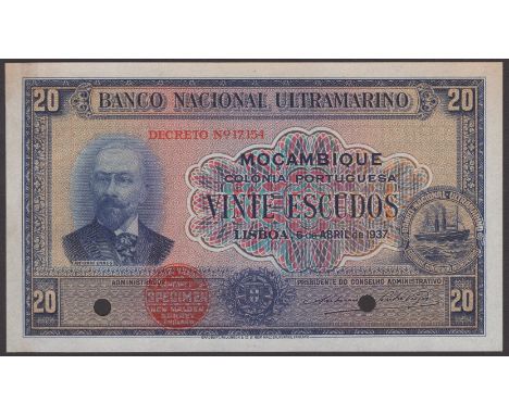Banco Nacional Ultramarino, Mozambique, specimen 20 Escudos, 6 April 1937, no signature or serial number, red Bradbury WIlkin