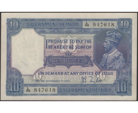 Government of India, 10 Rupees, ND (1917-30), serial number L/46 847618, J.B Taylor signature, usual spindle holes, one light