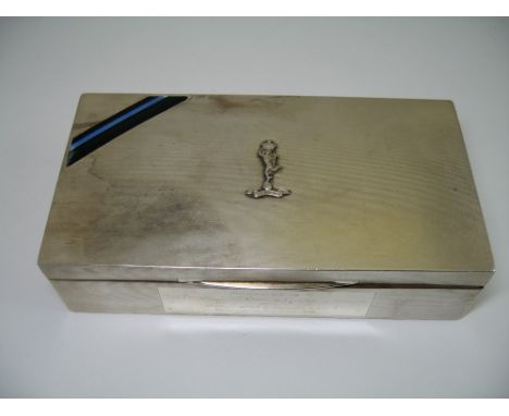 ROYAL CORPS OF SIGNALS: A SILVER CIGARETTE BOX, GOLDSMITHS & SILVERSMITHS CO. LTD., BIRMINGHAM, 1939 rectangular, engine-turn