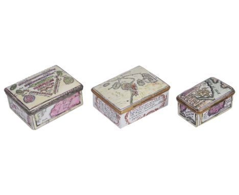 TWO GERMAN ENAMEL SEVEN YEARS WAR COMMEMORATIVE SNUFF BOXES, BERLIN, CIRCA 1765 rectangular, painted with orders of battle, m