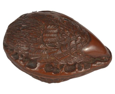 A JAPANESE WALNUT NETSUKE, LATE EDO PERIOD, CIRCA 1850 carved with quails and chrysanthemums, bearing added signature of Hida