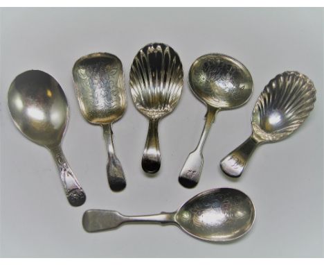 SIX SILVER CADDY SPOONS, VARIOUS MAKERS INCLUDING ELIZABETH MORLEY AND JOSIAH SNATT, LONDON, 1800-1858 variously engraved or 
