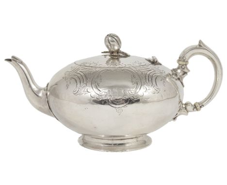 ˜A VICTORIAN SILVER BACHELORS TEAPOT, WILLIAM ROBERT SMILY, LONDON, 1855 compressed circular, engraved to the shoulder with v