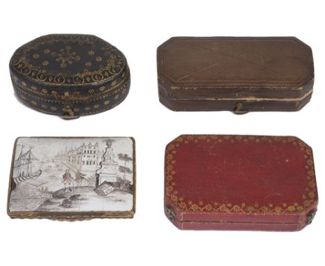 AN ENAMEL SNUFF BOX, GERMAN, MID 18TH CENTURY cushion form, the lid, base and interior lid painted en grisaille with capricci