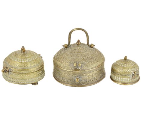 TWO BRASS BOXES, INDIA, 19TH CENTURY each of elongated octagonal form, with domed lid, one with openwork trellis decoration, 