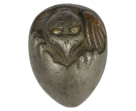 A JAPANESE SOLID PEWTER NETSUKE OF TENGU NO TAMAGO, LATE EDO PERIOD, CIRCA 1850 emerging from its egg, the wings of copper, t