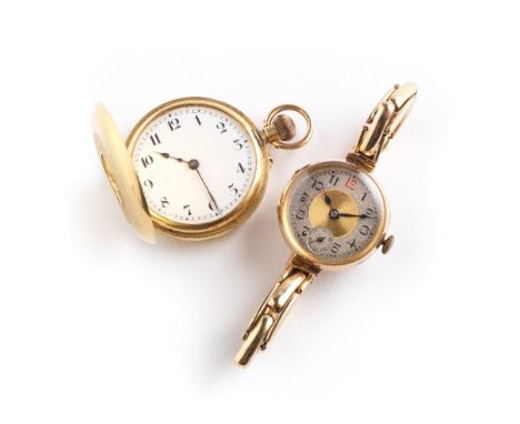 ˜A LADY'S GOLD HALF-HUNTER POCKET WATCH, SWISS, CIRCA 1914 keyless wind movement, white dial with Arabic numerals, guilloché 