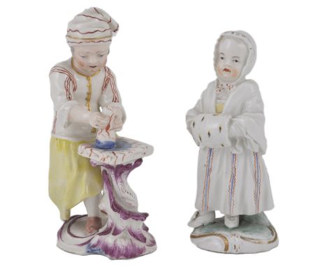 TWO FRANKENTHAL FIGURES, CIRCA 1760 the first a figure of a young boy, modelled standing wearing a cap and apron with rolled-
