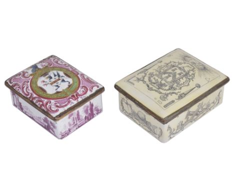 AN enamel SNUFF box, Birmingham / Liverpool, possibly Paulen, circa 1760, rectangular, the lid painted with a coat of arms wi